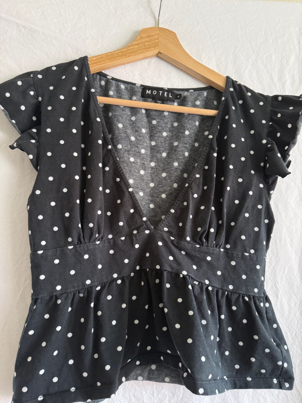 Motel Rocks Black and White Polka Dot V-Neck Peplum Top